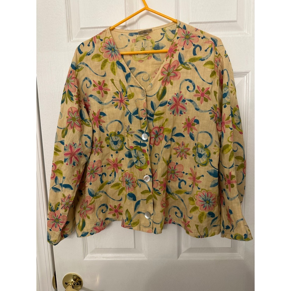 Habitat Clothes to Live In Floral Linen Button Up Top Tan Pink Blue 1416